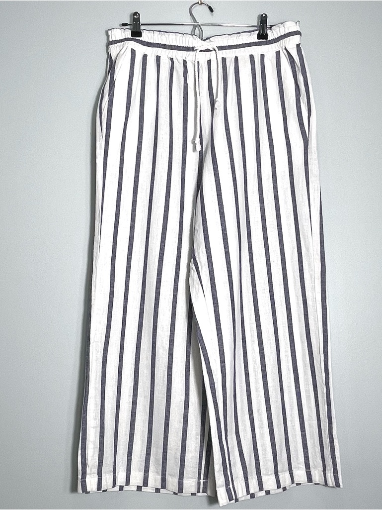 Nwt J. Crew Women's Linen Cotton Pants Off-White Navy Blue Striped Pull-On Sz 12